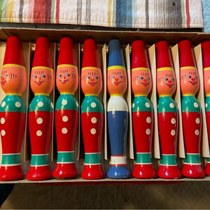 Vintage German  Alle Neune wooden hand painted bowling pins set